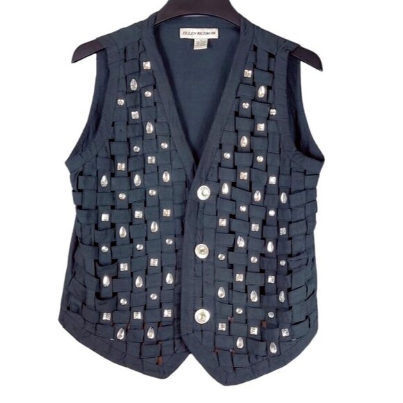 Ellen Richman Jackets & Blazers - VTG Lattice Woven Vest Black Cotton Rhinestone Ellen Richman Y2K Boho Whimsygoth